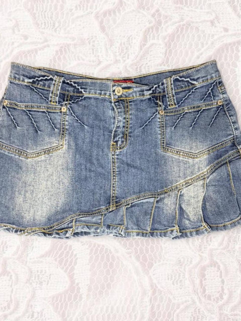 Vanilla Star Distressed Blue Denim Mini Skirt with Ruffle Hem